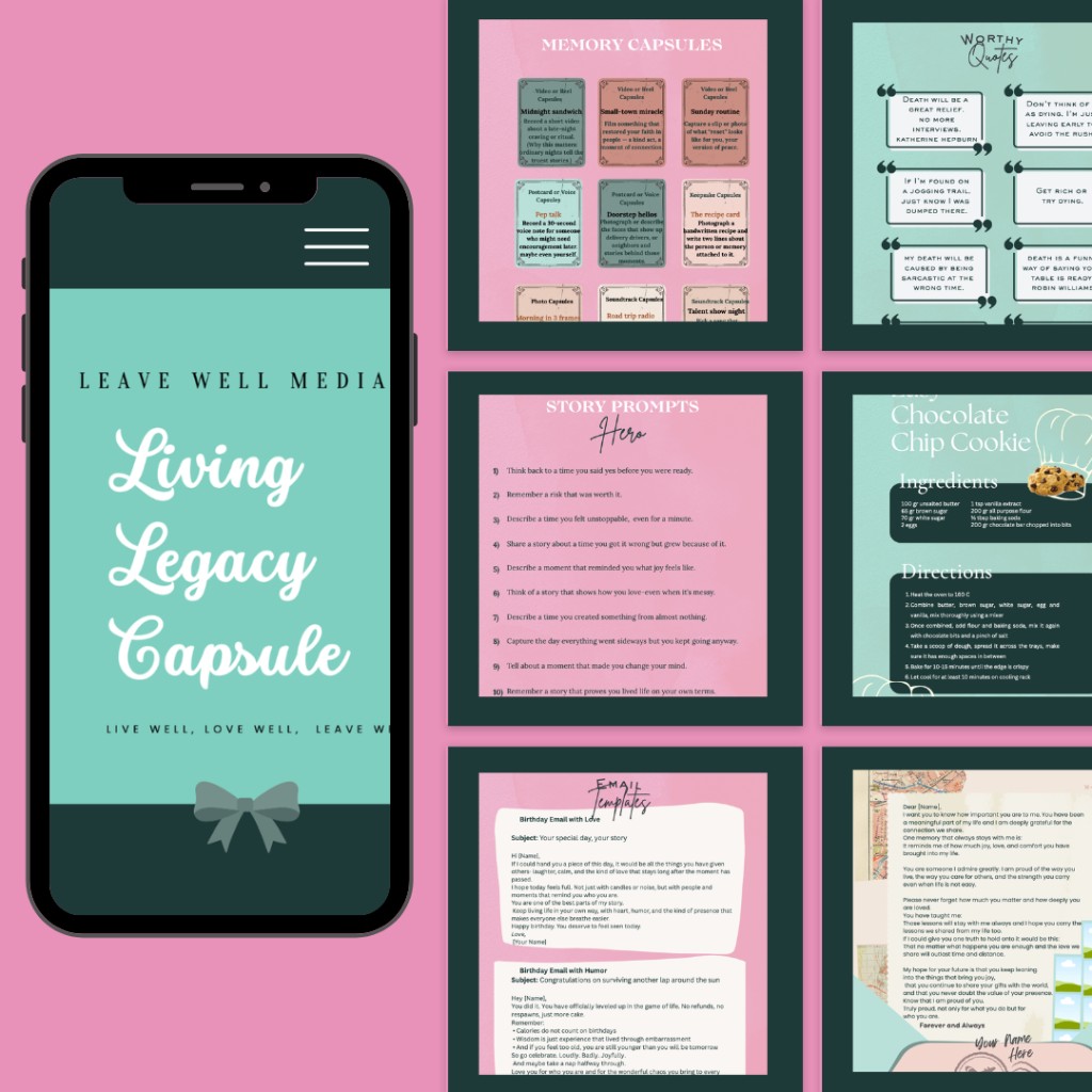 Living Legacy Capsule — phone preview and template pages for memory capsules, prompts, recipes, and letters